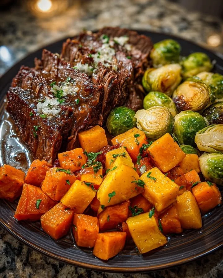 Slow-cooked pot roast with Brussels sprouts, sweet potato, butternut squash, and carrot