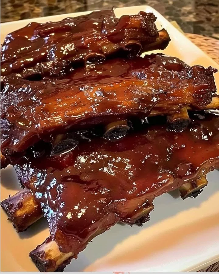 Slow Cooker Barbequed Beef Ribs topped with tangy sauce