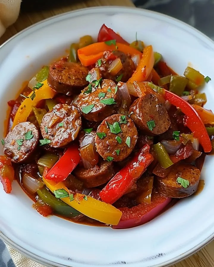 Delicious slow cooker sausage and peppers dish served in a bowl