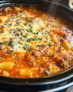 Bowl of slow cooker soup with fresh ingredients and herbs
