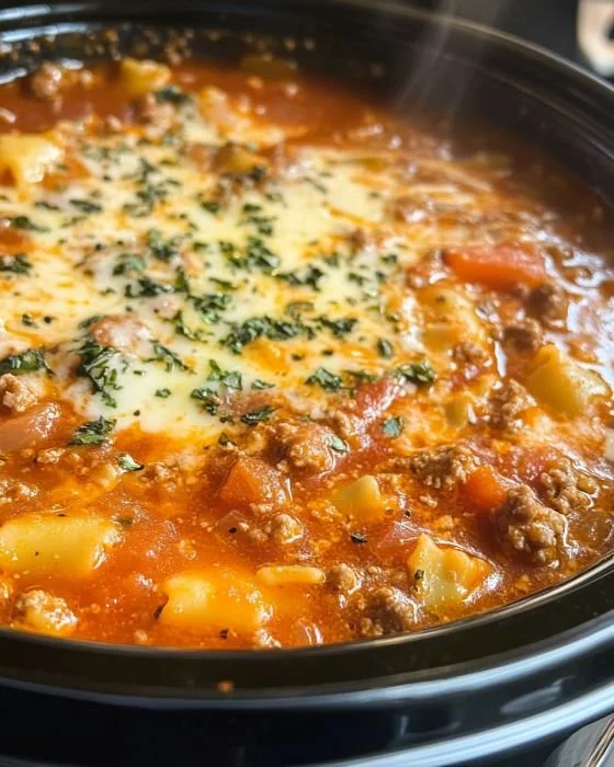 A hearty bowl of slow cooker soup with vegetables and spices