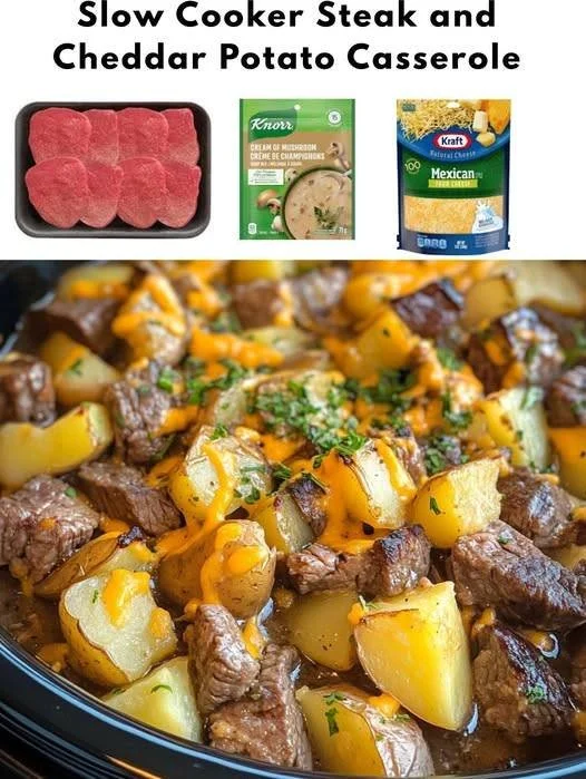 Slow cooker steak and cheddar potato casserole in a dish