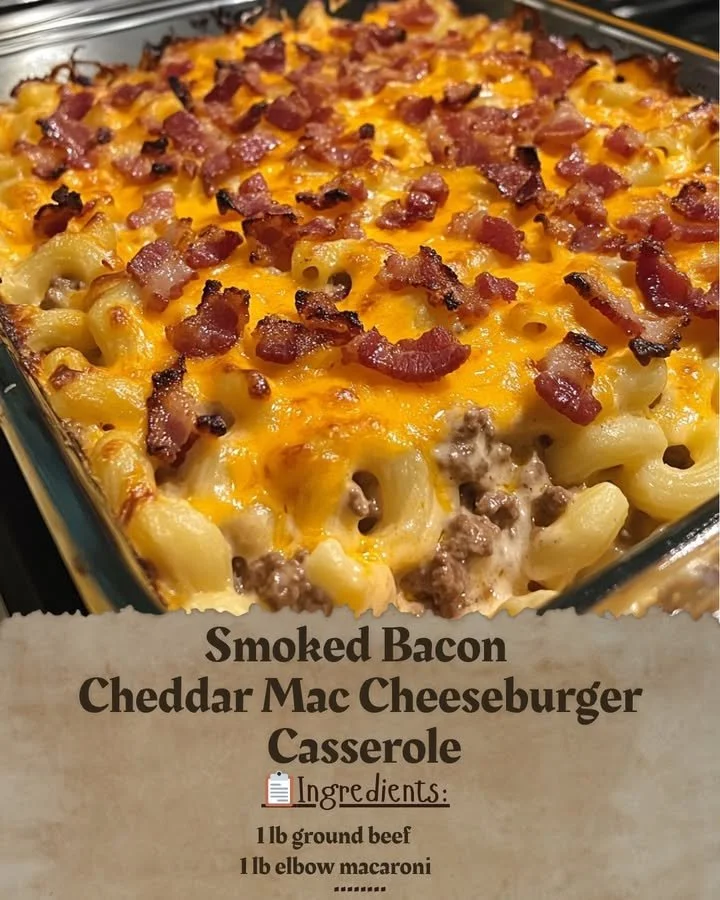Smoked bacon cheddar mac cheeseburger casserole in a baking dish