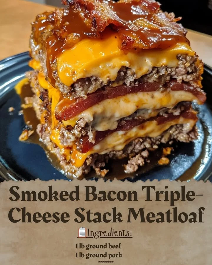 Smoked Bacon Triple-Cheese Stack Meatloaf served with sides