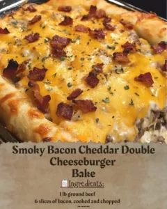 Smoky bacon cheddar double cheeseburger bake topped with crispy bacon.