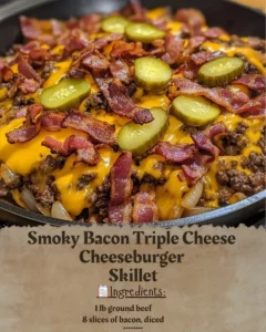 Smoky Bacon Triple Cheese Cheeseburger Skillet with melted cheese and crispy bacon