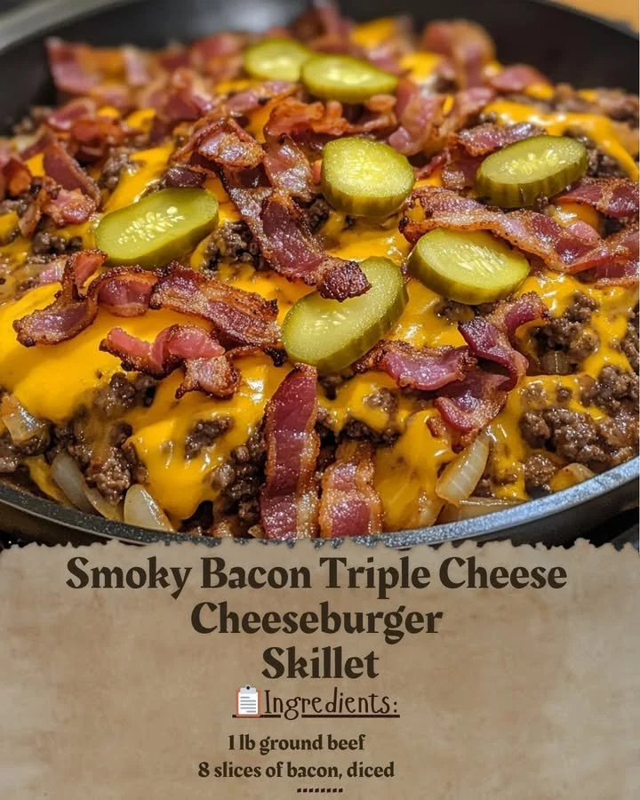 Smoky Bacon Triple Cheese Cheeseburger Skillet with melted cheese and crispy bacon