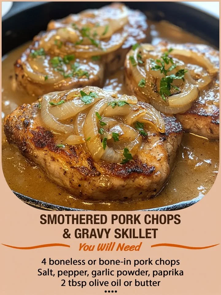 Smothered pork chops with rich gravy in a skillet, ready to serve.