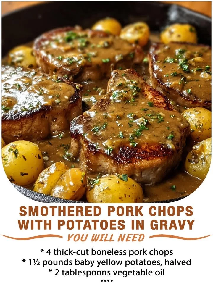 Smothered pork chops served with potatoes in rich gravy