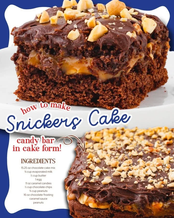 Deliciously decadent SNICKERS CAKE with chocolate, caramel, and peanuts.
