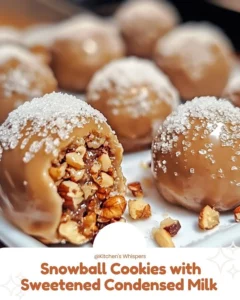 Snowball cookies made with sweetened condensed milk, dusted with powdered sugar.