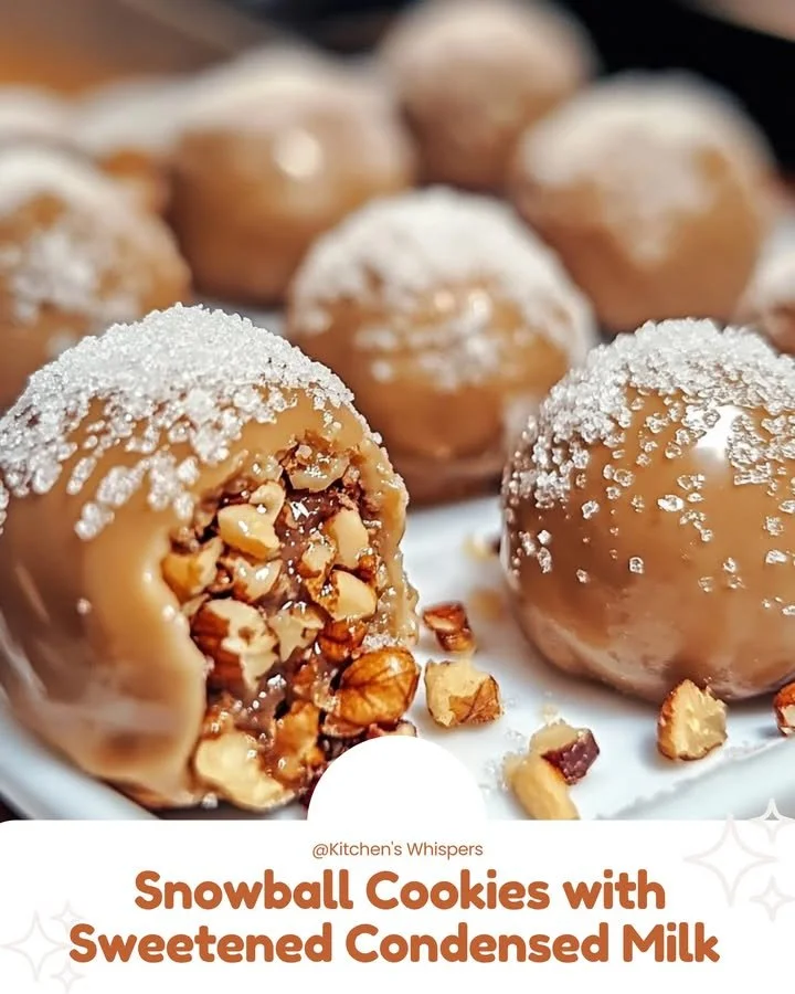 Snowball cookies made with sweetened condensed milk, dusted with powdered sugar.