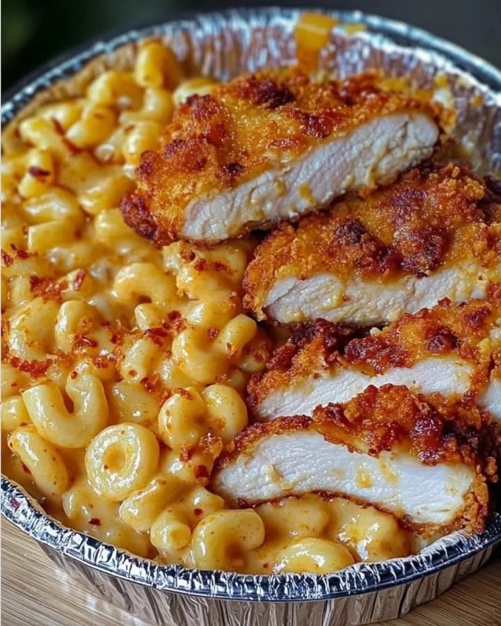 Southern fried chicken served with creamy mac and cheese on a plate