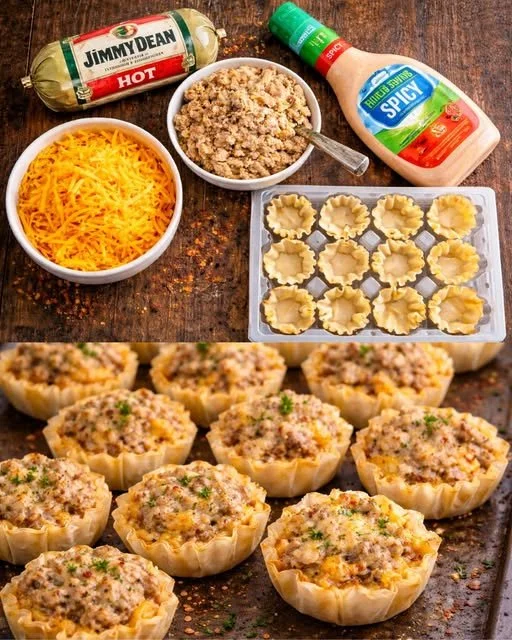 Delicious spicy sausage and cheese tarts on a serving platter