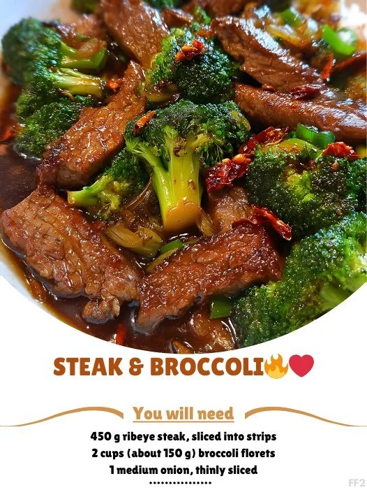 Plate of steak and broccoli served with a savory sauce
