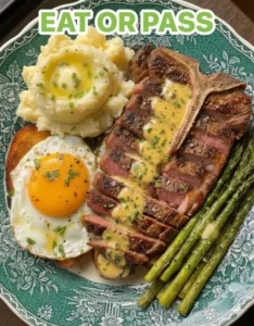 Steak & Eggs breakfast plate featuring mashed potatoes, toast, and roasted asparagus.