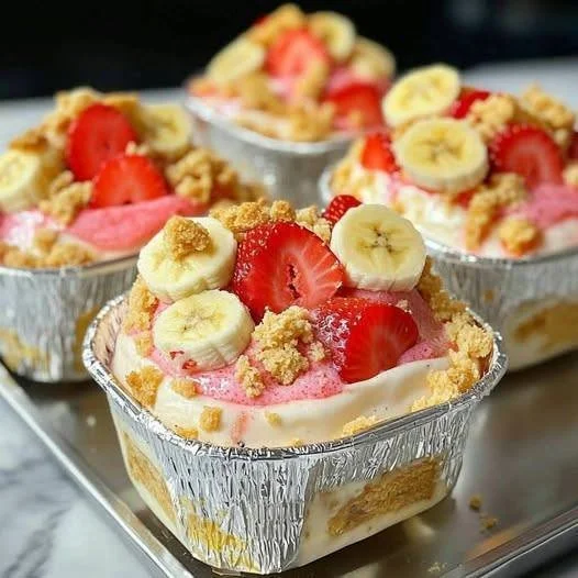 Delicious Strawberry Banana Pudding Delight dessert with fresh strawberries and bananas