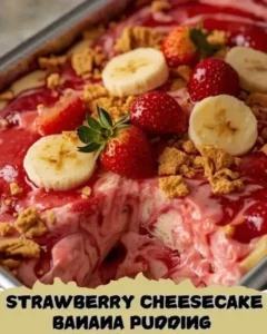 Strawberry cheesecake banana pudding served in a glass dish with fresh strawberries.