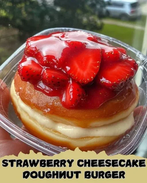 Strawberry Cheesecake Doughnut Burger with fresh strawberries and drizzle
