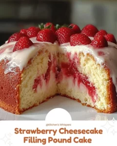 Delicious strawberry cheesecake filling pound cake with whipped cream topping