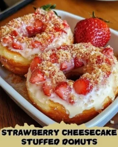 Delicious strawberry cheesecake stuffed donuts topped with fresh strawberries