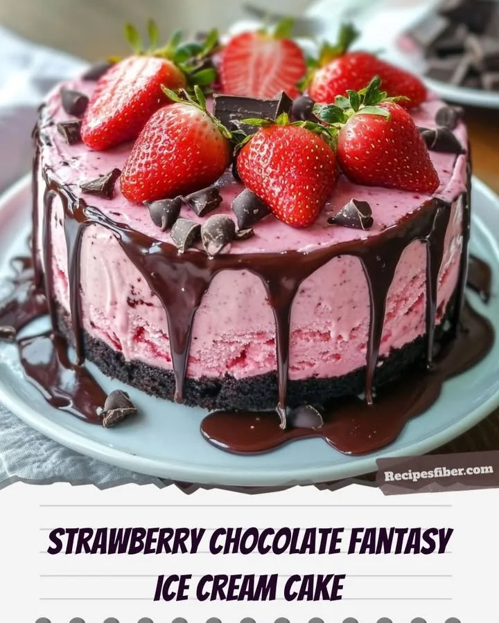 Decadent Strawberry Chocolate Ice Cream Cake with fresh strawberries and chocolate.