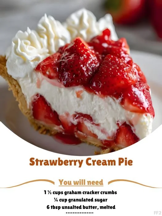 Delicious Strawberry Cream Pie topped with fresh strawberries and whipped cream