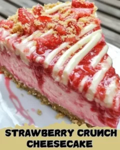 Delicious Strawberry Crunch Cheesecake garnished with fresh strawberries.