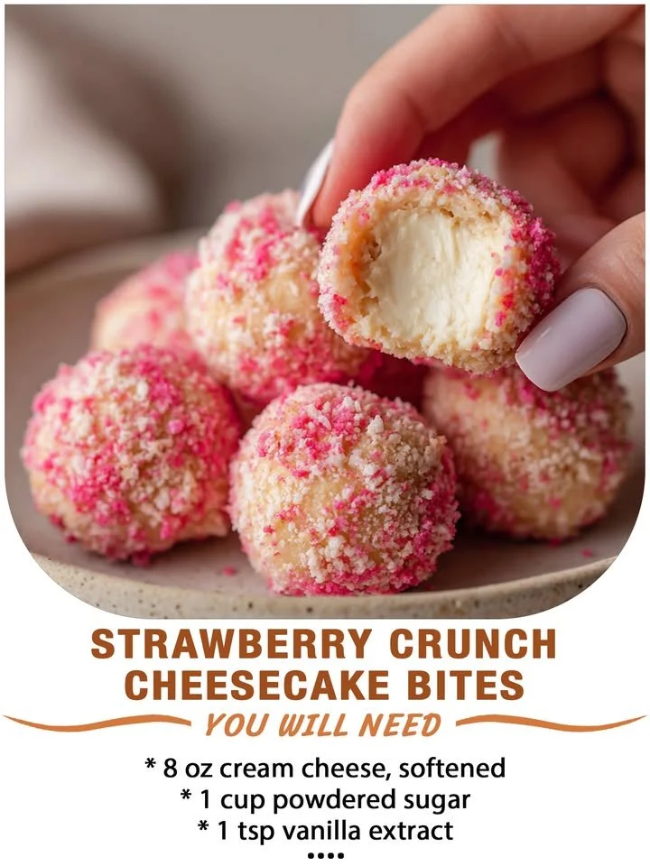 Strawberry Crunch Cheesecake Bites on a plate garnished with strawberries
