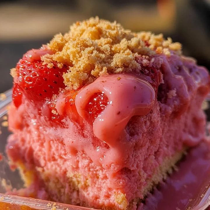 Strawberry Crunch Cheesecake Cake with layers of creamy cheesecake and crunchy topping