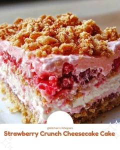 Slice of Strawberry Crunch Cheesecake Cake with fresh strawberries and crunchy topping