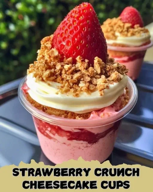 Strawberry Crunch Cheesecake Cups topped with strawberry crunch.