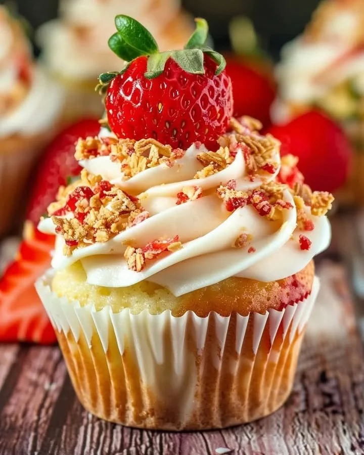 Delicious Strawberry Crunch Cupcakes topped with strawberry crunch and frosting