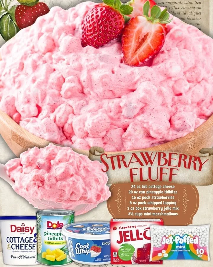Delicious Strawberry Fluff Salad with strawberries and fluffy whipped cream.