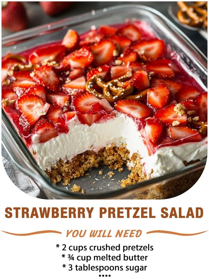 Delicious homemade Strawberry Pretzel Salad with layers of strawberries, cream, and pretzels
