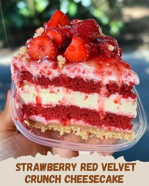 Slice of Strawberry Red Velvet Crunch Cheesecake with berries