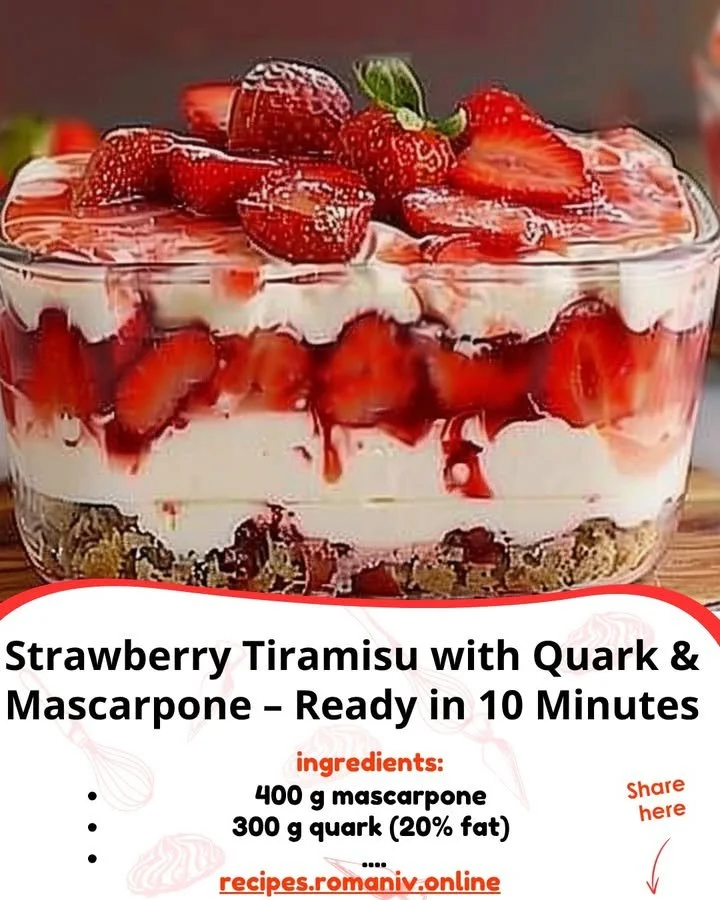 Delicious strawberry tiramisu layered with quark and mascarpone cheese.