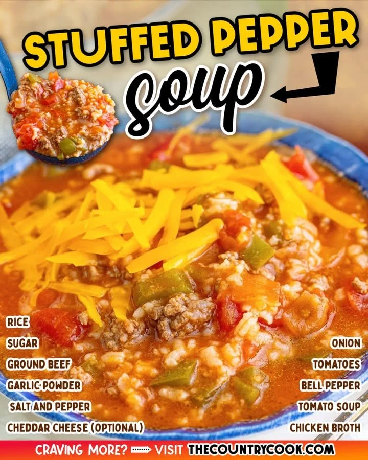 A bowl of colorful stuffed pepper soup with bell peppers and spices.