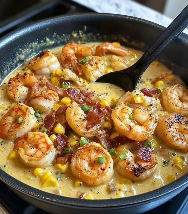 Bowl of delicious Sweet Corn and Shrimp Chowder topped with herbs