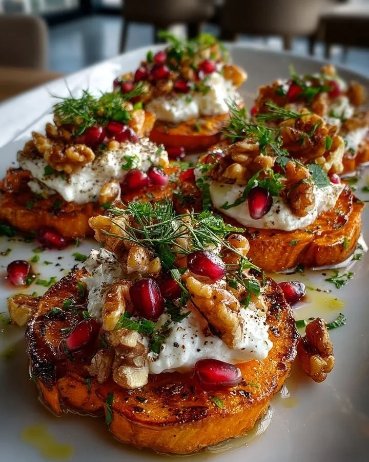 Sweet potato rounds topped with burrata, pomegranate seeds, and walnut crunch
