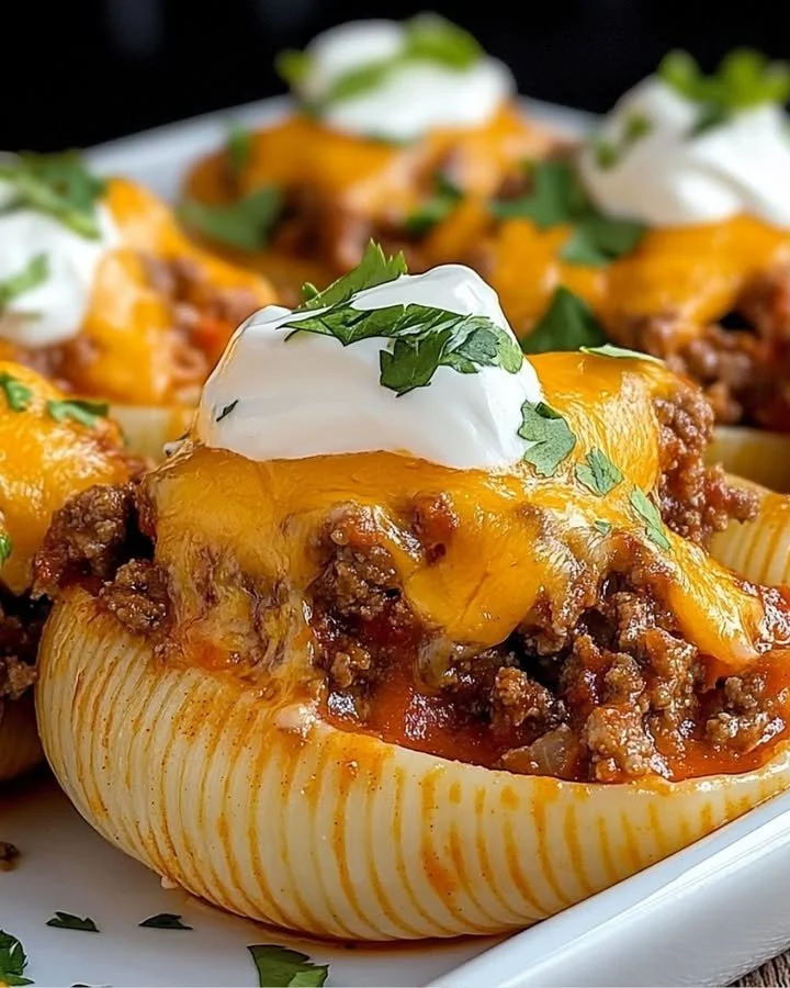 Taco stuffed shells filled with seasoned meat, cheese, and fresh toppings