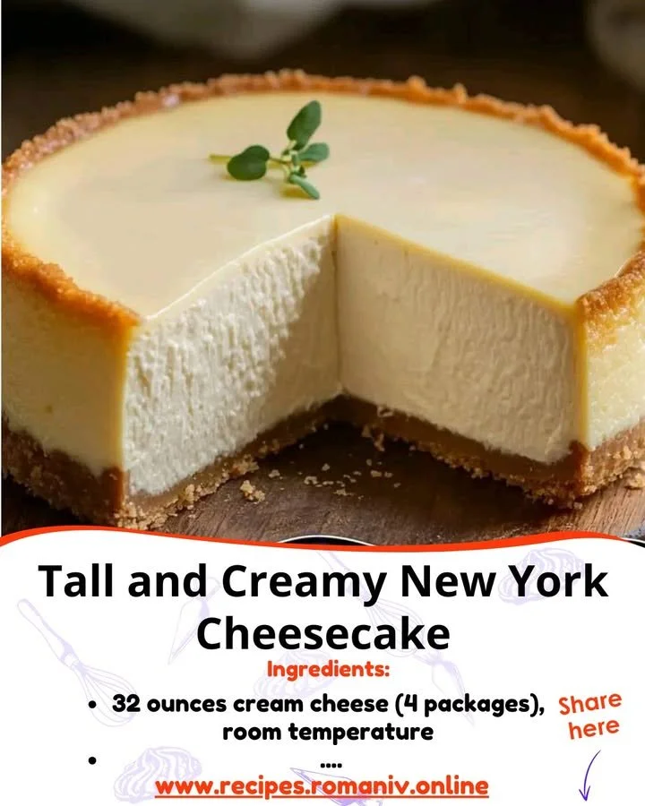 Delicious tall and creamy New York Cheesecake slice on a plate