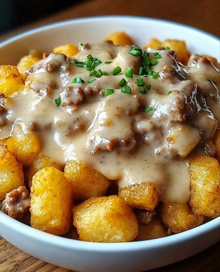 Tater Tot Breakfast Bowl with Sausage Gravy, a delicious morning meal.