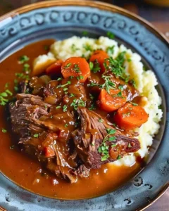 Delicious pot roast served with rich gravy on a plate