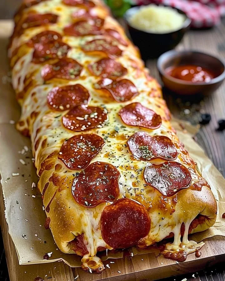Tremendous loaded pepperoni pizza stromboli served on a rustic wooden table.