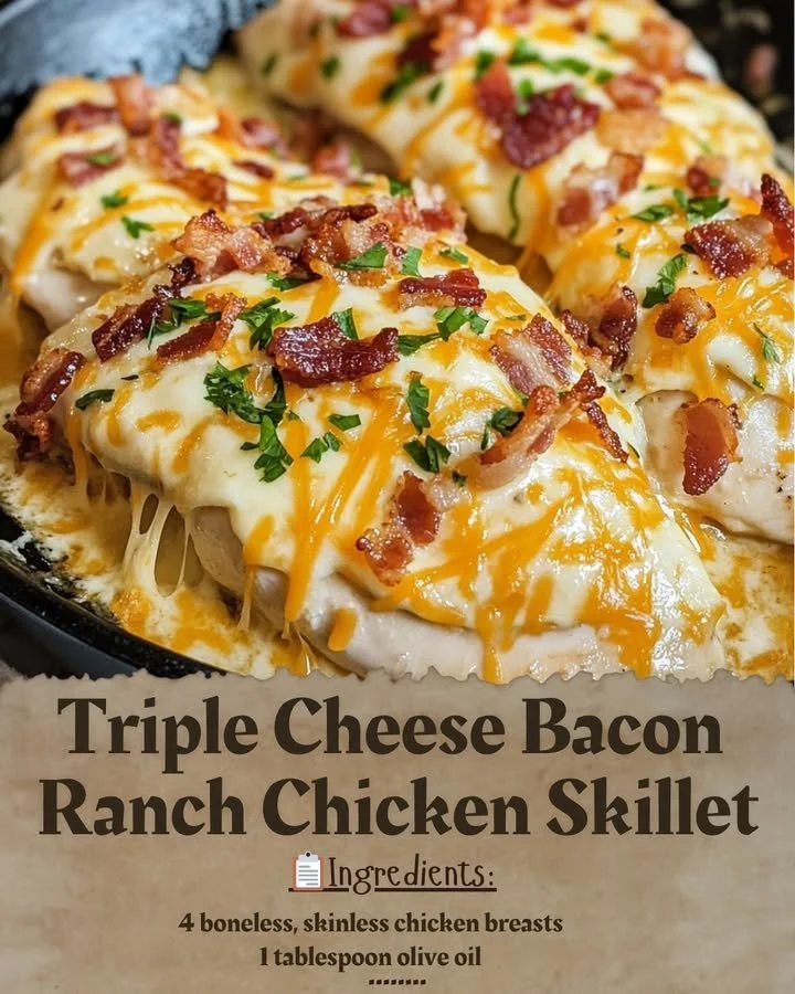 Triple Cheese Bacon Ranch Chicken Skillet topped with melted cheese and crispy bacon