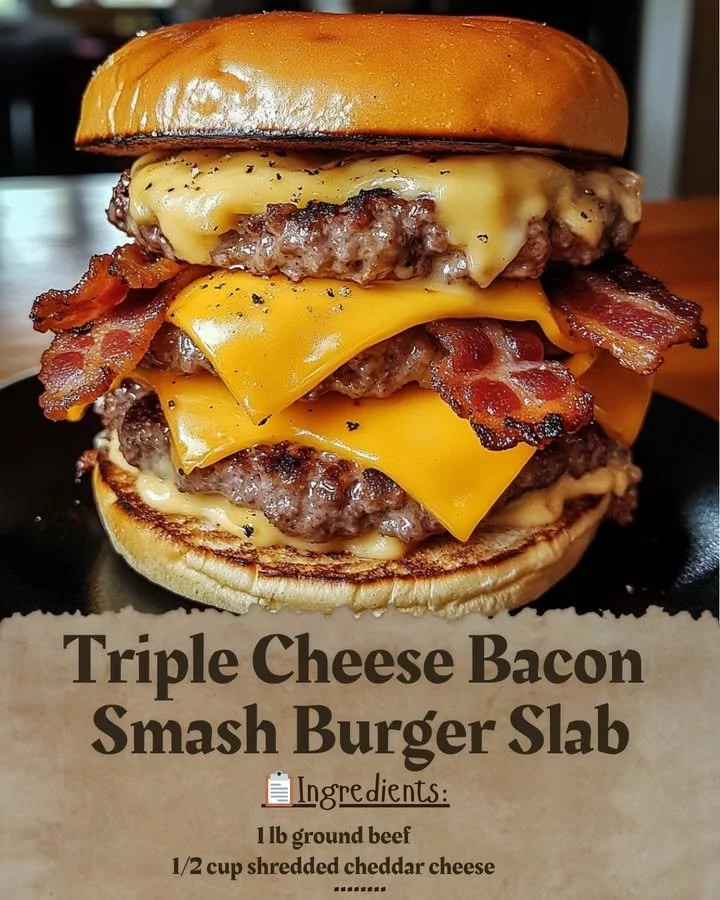 Triple cheese bacon smash burger slab with layers of cheese and bacon