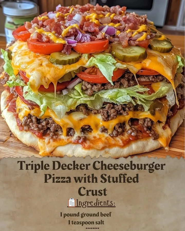 Triple Decker Cheeseburger Pizza with Stuffed Crust