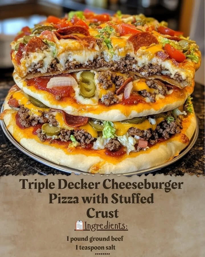 Triple Decker Cheeseburger Pizza with a stuffed crust, loaded with toppings.