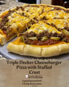Triple Decker Cheeseburger Pizza with Stuffed Crust served with toppings